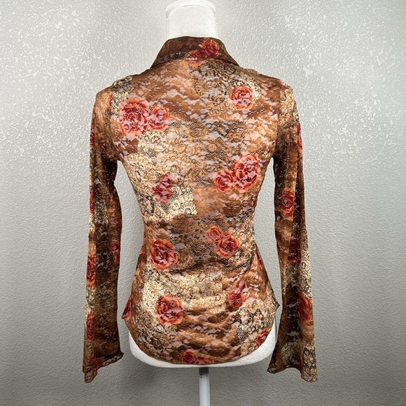Forever 21 Brown & Tan Gold Tinsel Floral Lace Boho Long Sleeve Top Size Medium - Picture 4 of 6